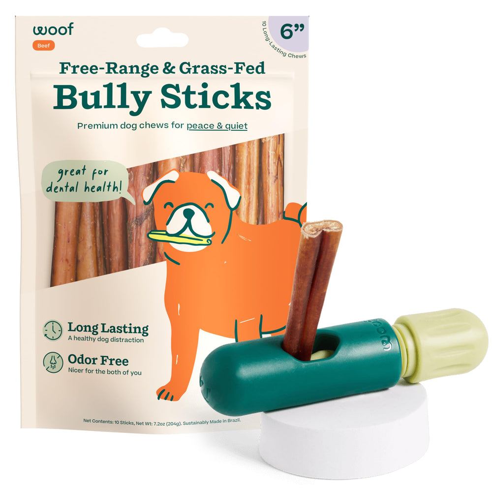 WOOF BullySafe holder securely grips a bully stick for safer chew sessions.