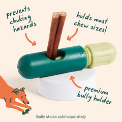 WOOF BullySafe secure-chew design holds bully sticks firmly for focused chewing.