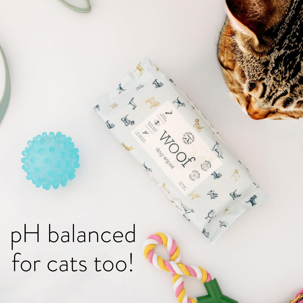 woof-dog-wipes-plant-based-fiber Woof Dog Wipes use 100% bamboo fibers for planet-friendly care.