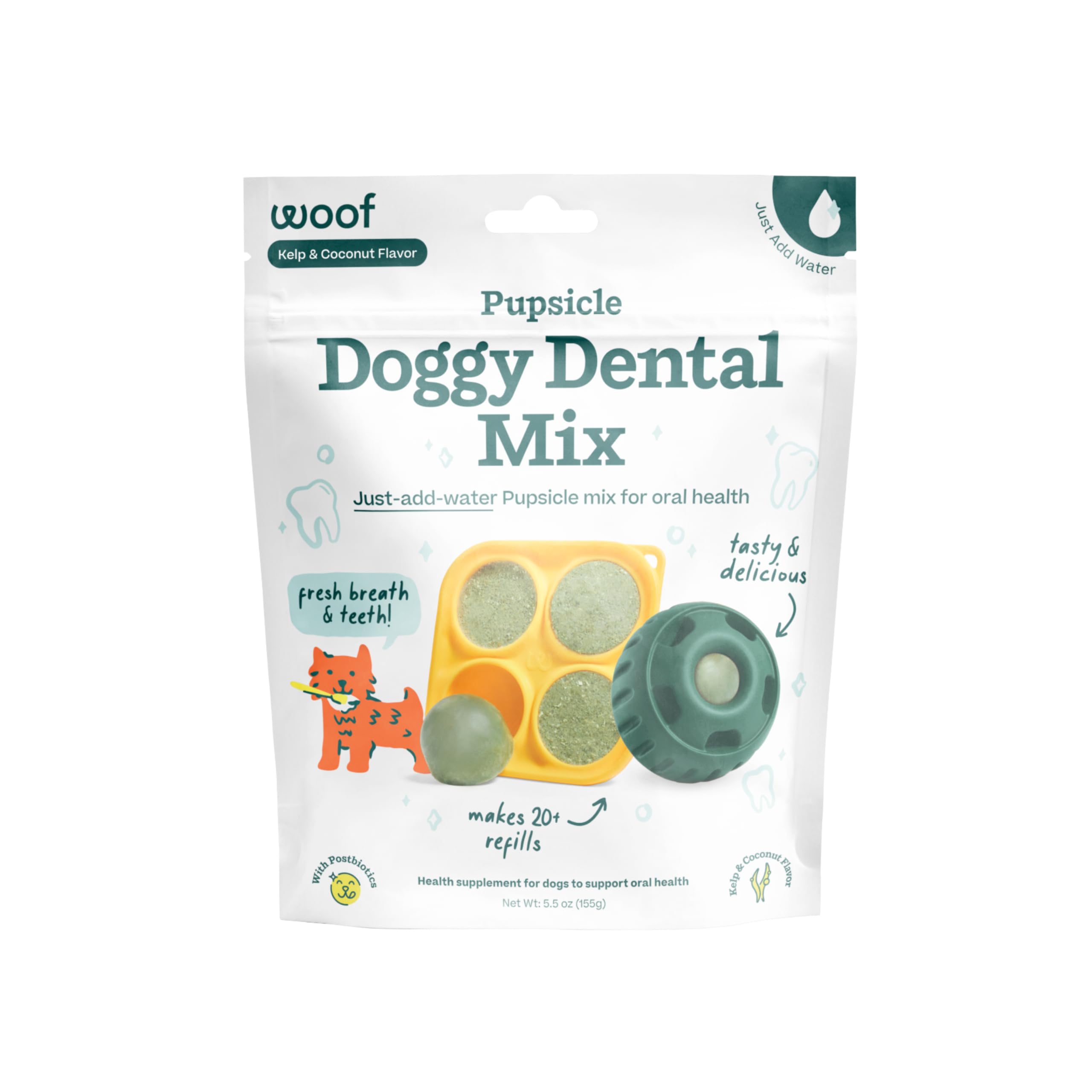 Woof Doggy Dental Pupsicle Mix packaging for convenient at-home dental care.