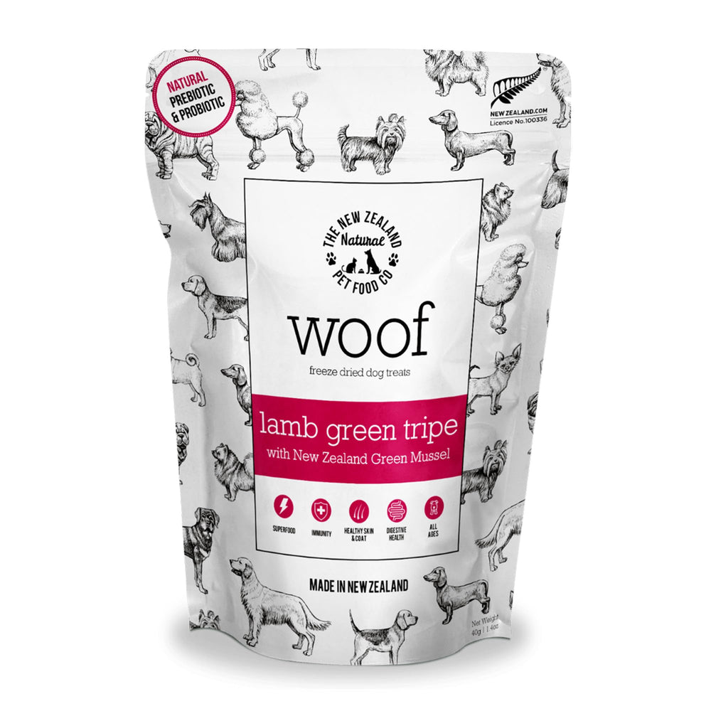 WOOF freeze-dried lamb green tripe treats packaging highlights NZ-made, small-batch production.