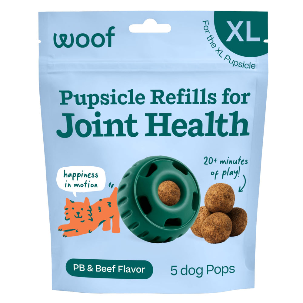 WOOF Hip and Joint Pupsicle Pops closeup shows joint-support treat for dogs.