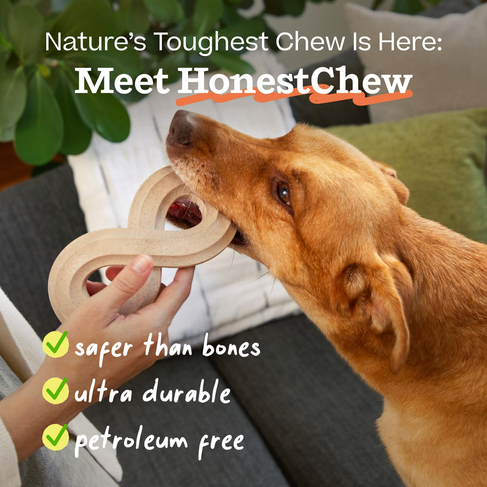 WOOF HonestChew Infinity Bone being chewed, promotes steady chewing and energy outlet