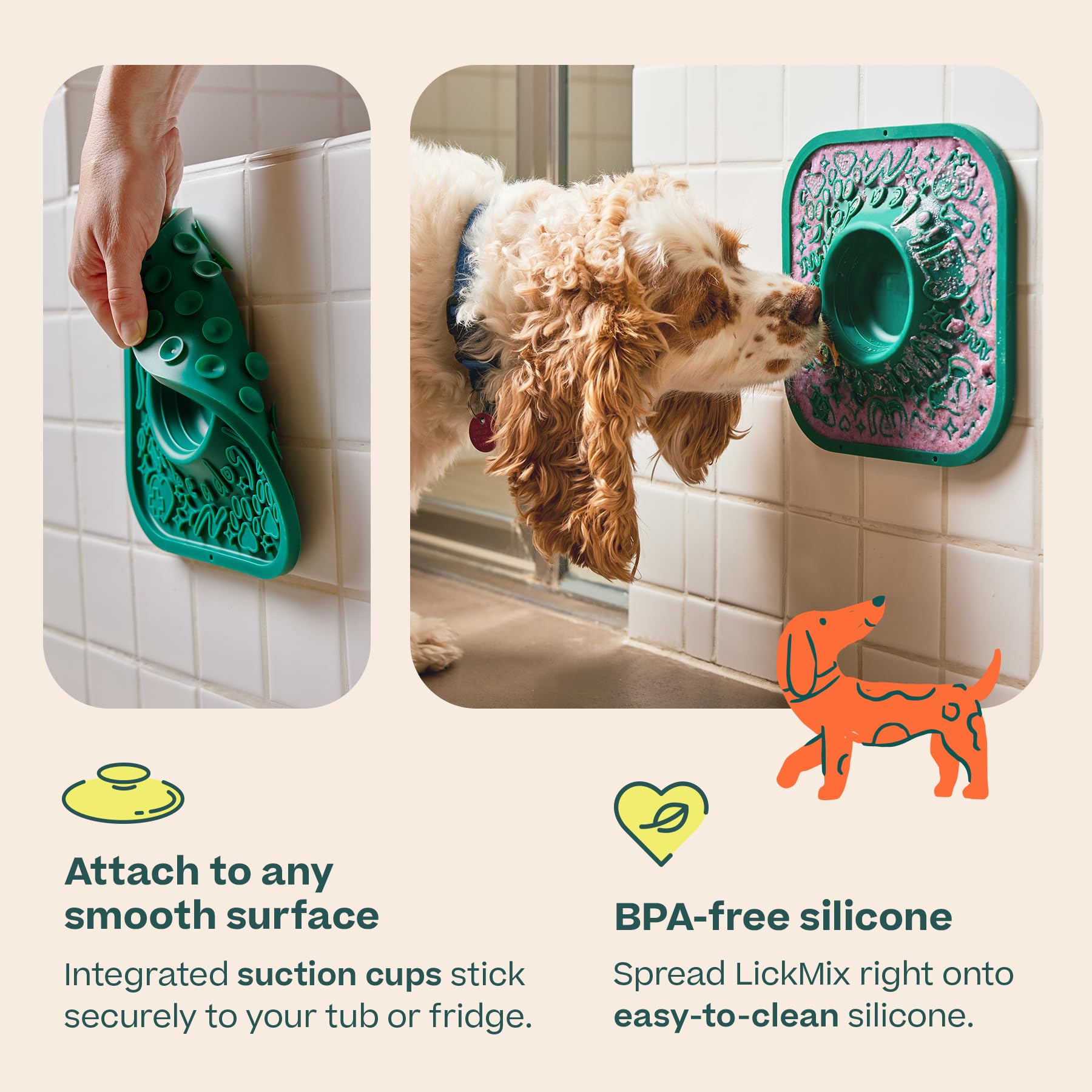WOOF LickMat silicone-bpa-free closeup emphasizes easy cleaning and safe materials