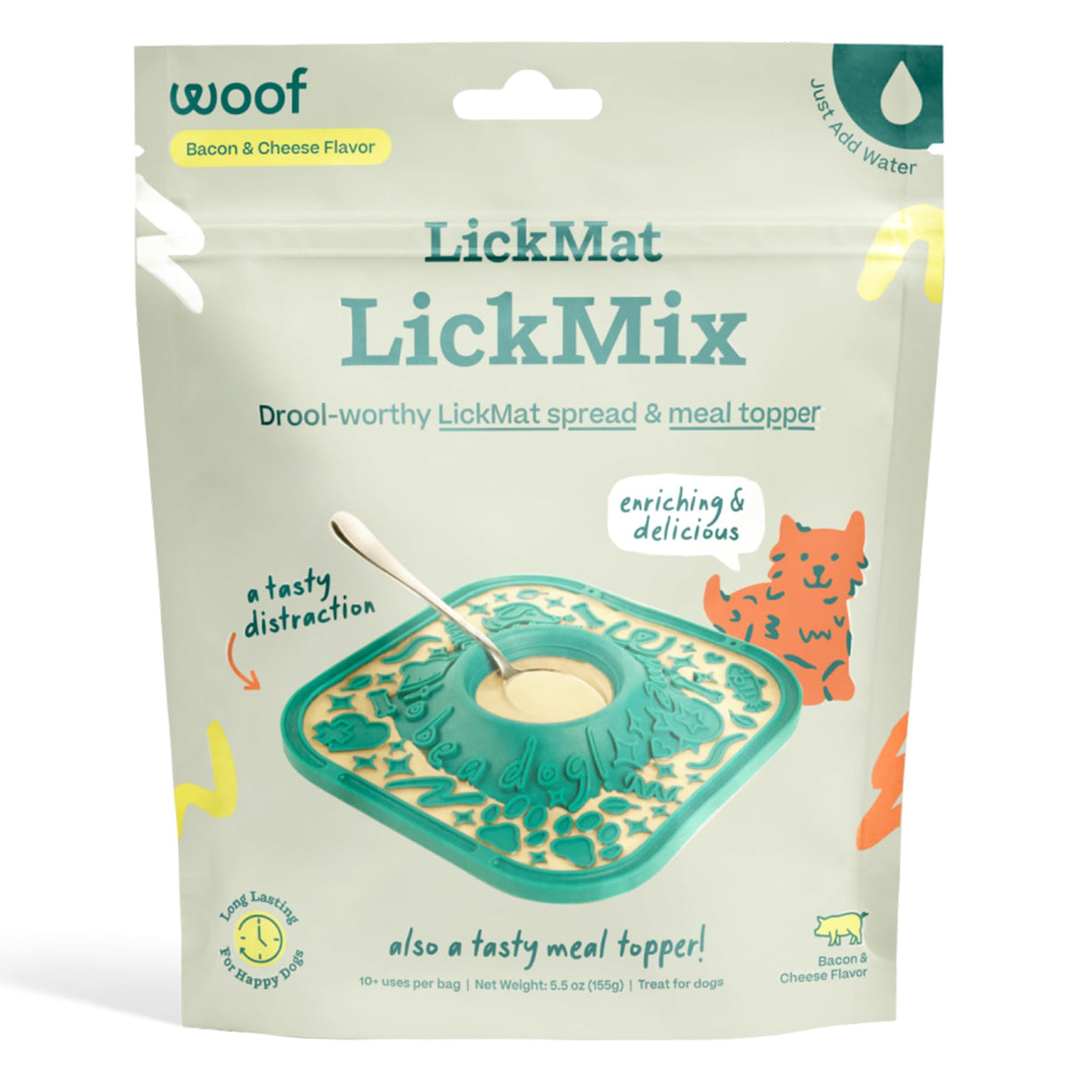 WOOF LickMixes bacon cheese spread ready on the lick mat for enrichment.