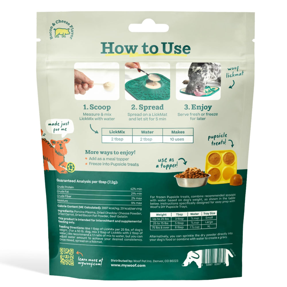 WOOF LickMixes shown with lick mat for dog enrichment.