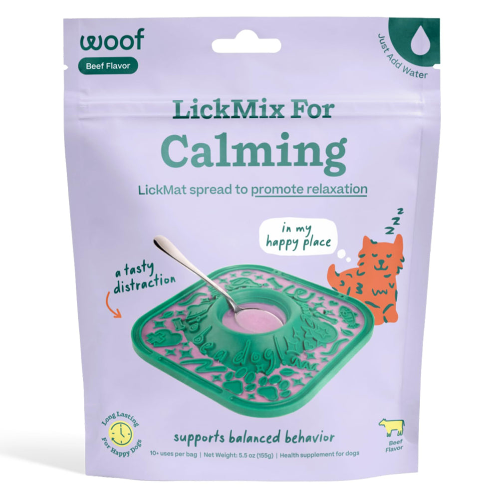 WOOF LickMixes lickmat spread on the mat delivers tasty enrichment during meals.