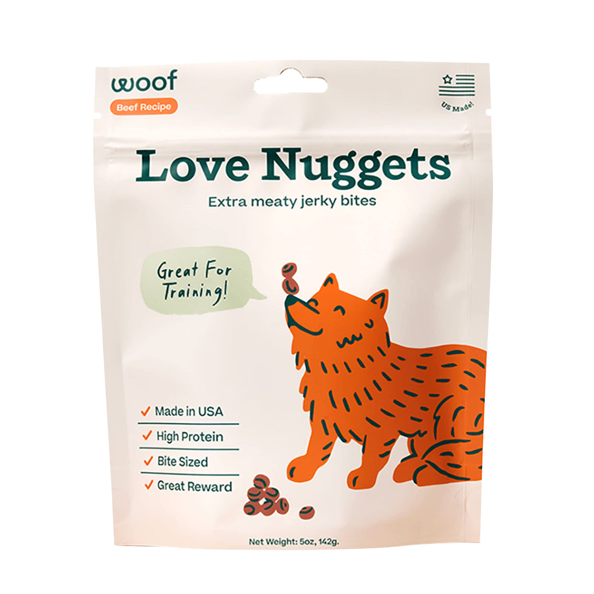 WOOF Love Nuggets bag-front, on-the-go training rewards for your dog.