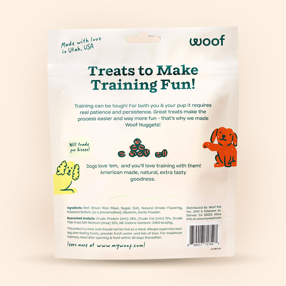 WOOF Love Nuggets jerky-bites, protein-rich rewards during training.