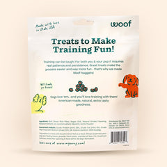 WOOF Love Nuggets jerky-bites, protein-rich rewards during training.