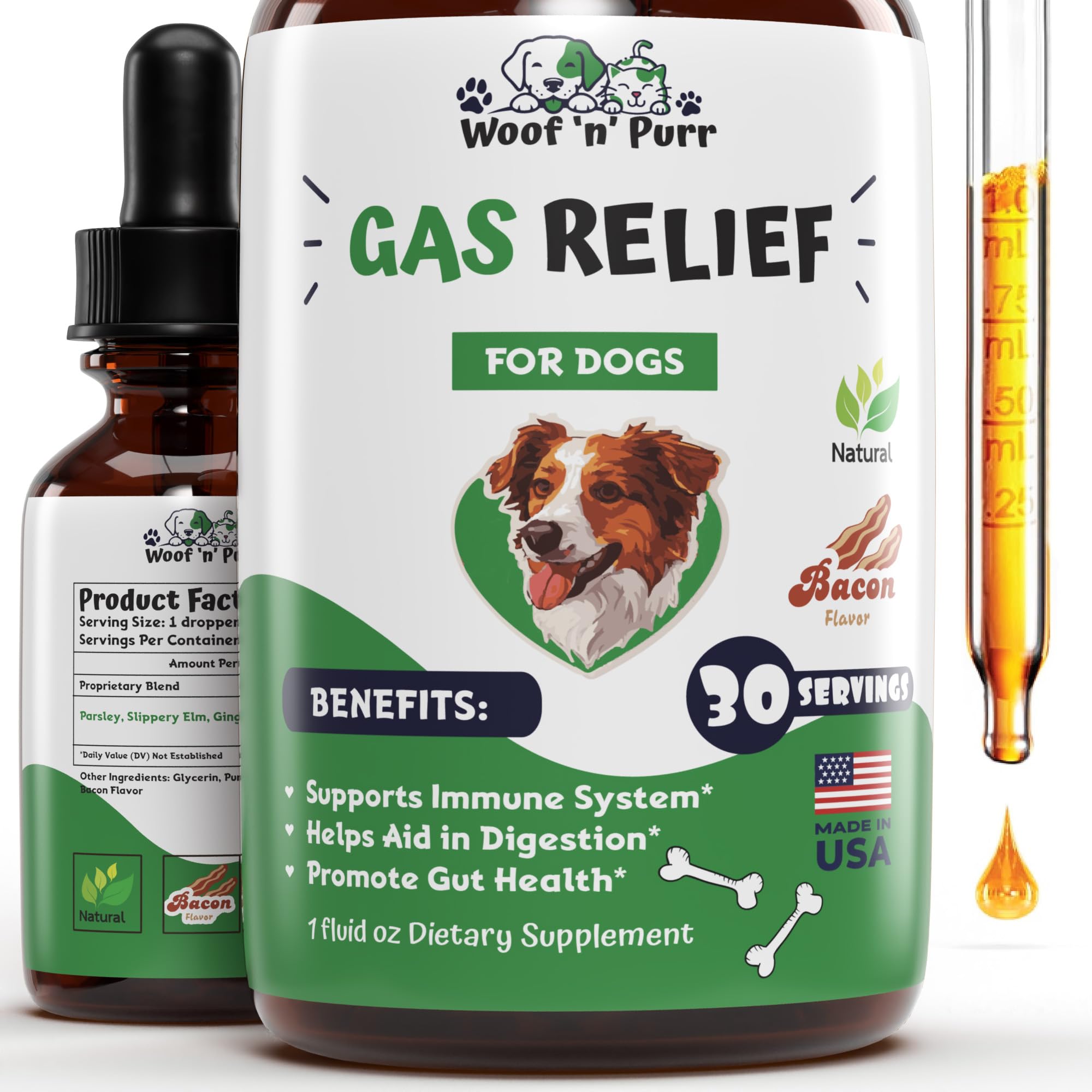 Woof 'n' Purr gas-relief dog tincture bottle for quick digestive comfort.
