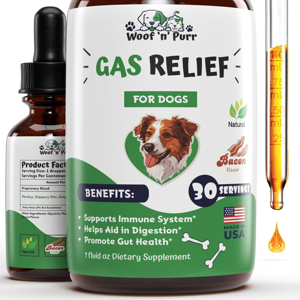 Woof 'n' Purr gas-relief dog tincture bottle for quick digestive comfort.