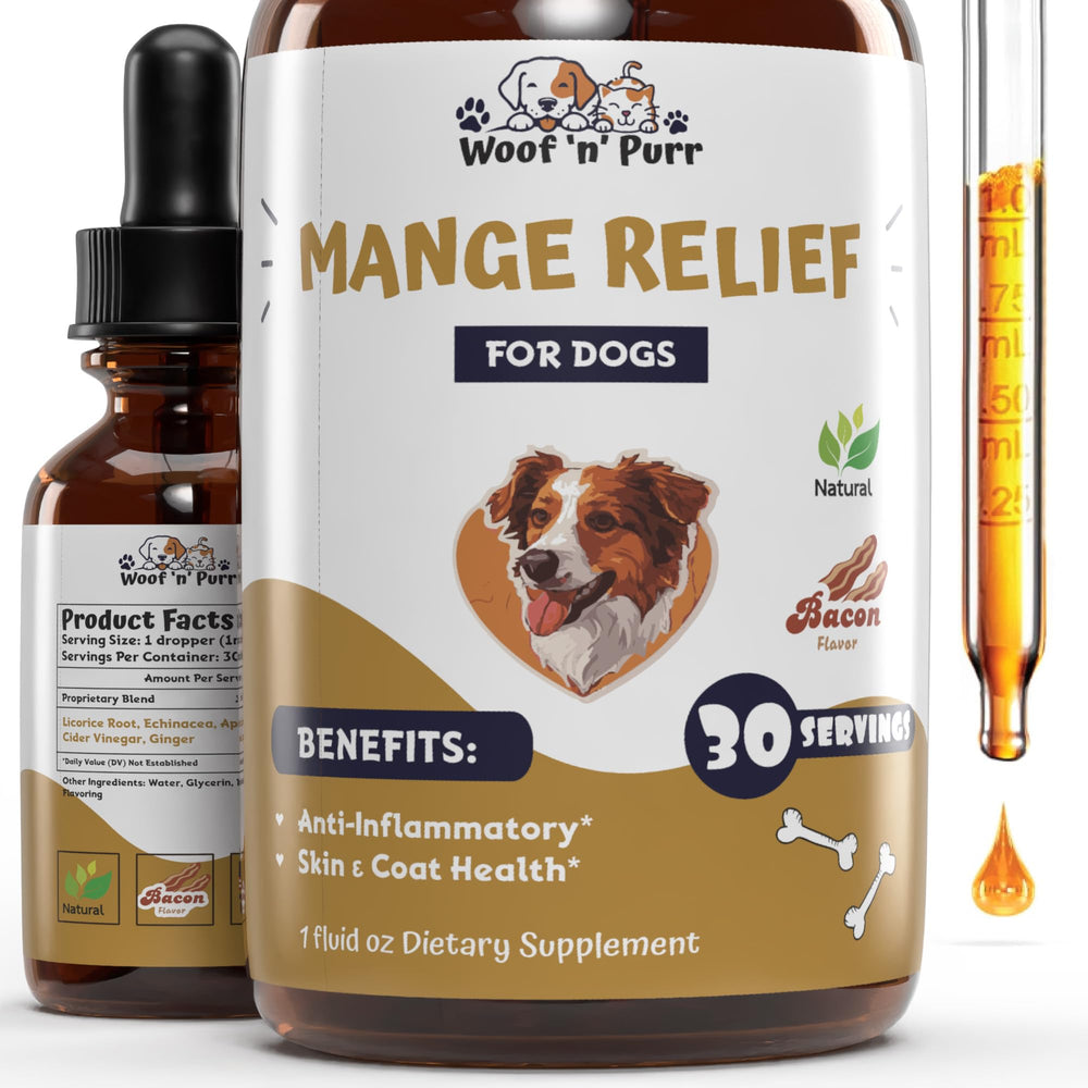 Woof 'n' Purr natural mange treatment bottle label highlights a gentle skin-soothing formula.