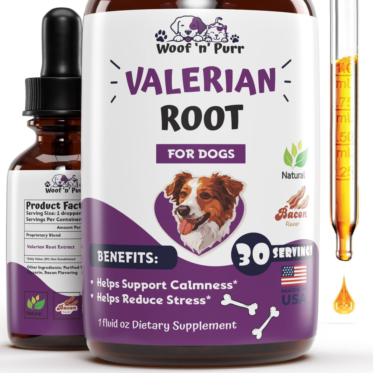 Woof n Purr Valerian Root for Dogs bottle closeup promotes calm in anxious pups.