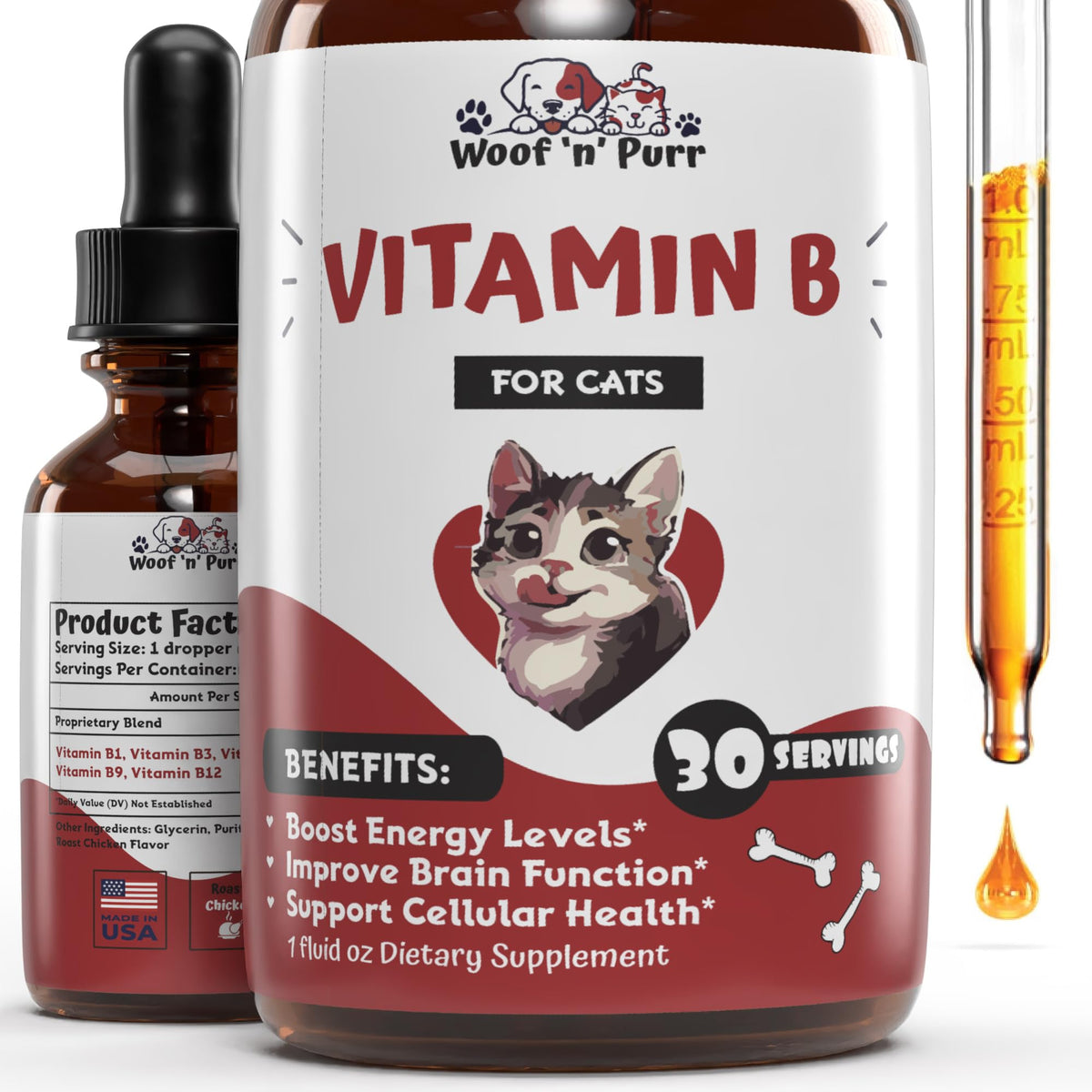 Woof 'n' Purr Vitamin B bottle closeup for easy daily supplementation.
