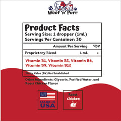 Woof 'n' Purr Vitamin B for Cats dropper pouring for simple administration.