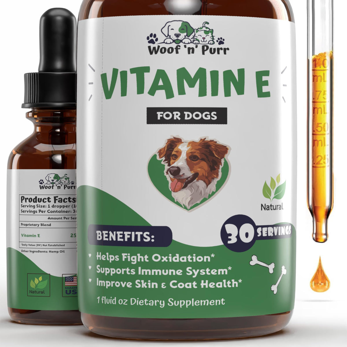 Woof 'n' Purr Vitamin E for Dogs bottle—premium supplement for skin, coat, and overall vitality.