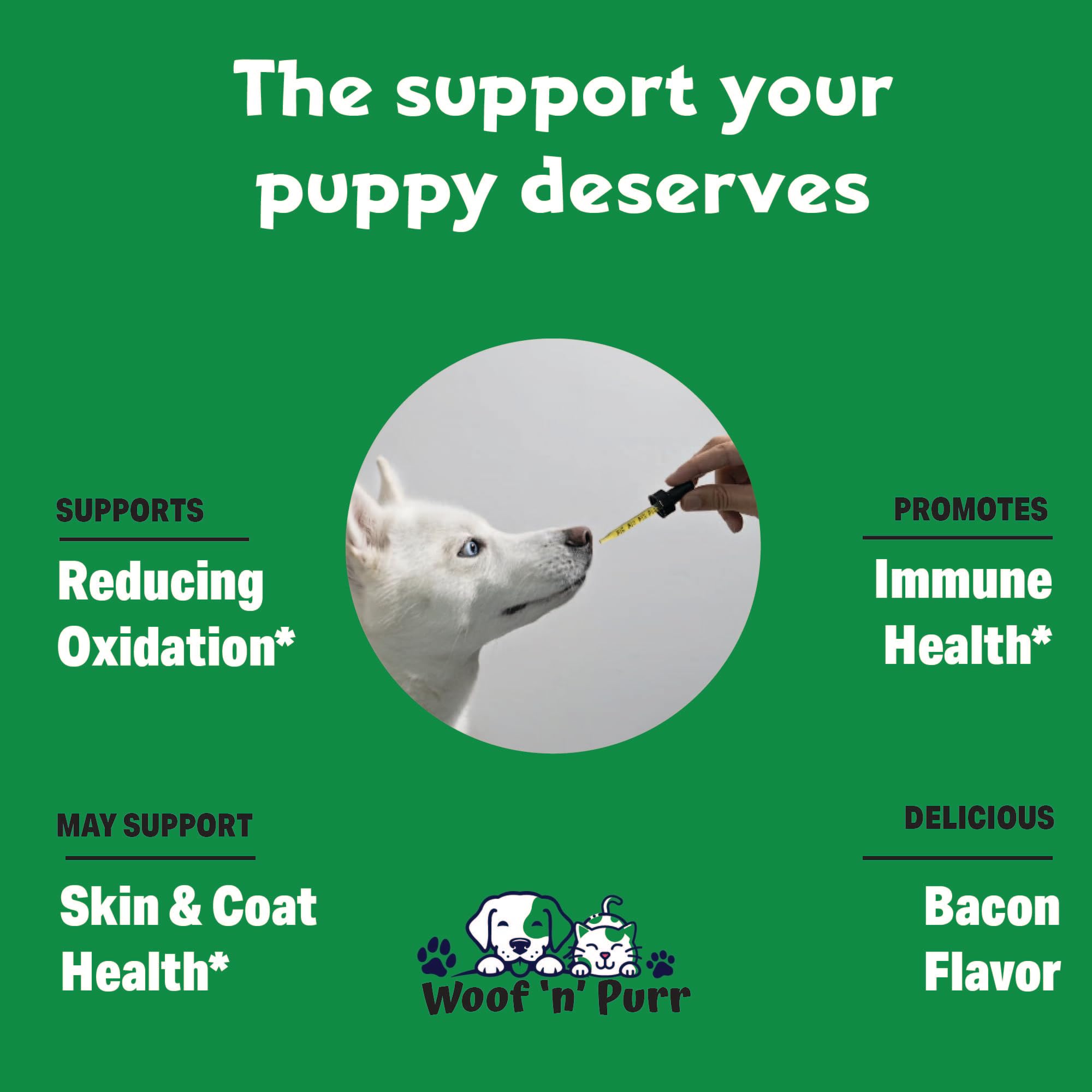 Woof 'n' Purr Vitamin E for Dogs coat shines after use, nourishing skin from within.