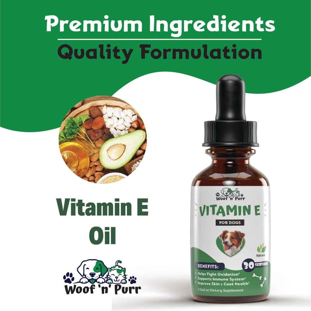 Woof 'n' Purr Vitamin E for Dogs pour-into-food guidance for quick, tasty administration.