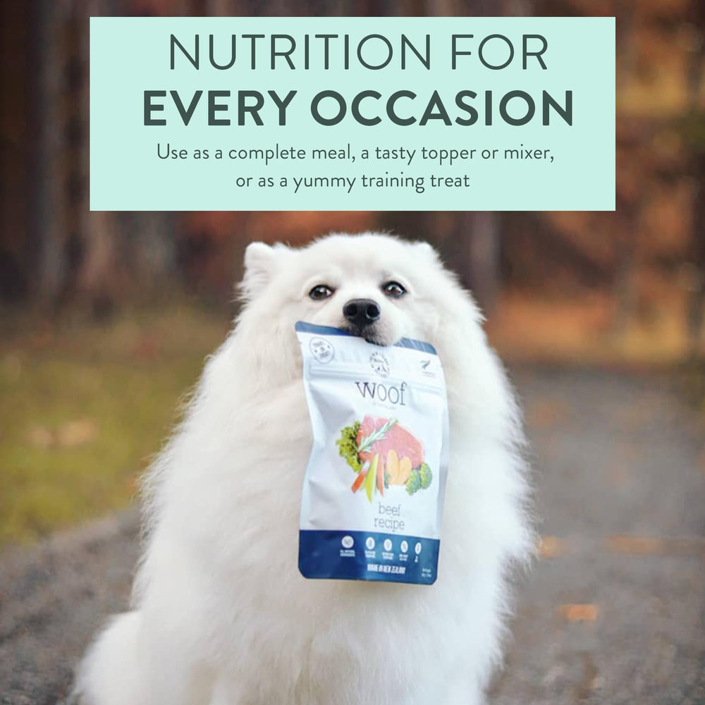 Woof New Zealand Green Mussels highlight joint-supporting ingredients for canine wellness.