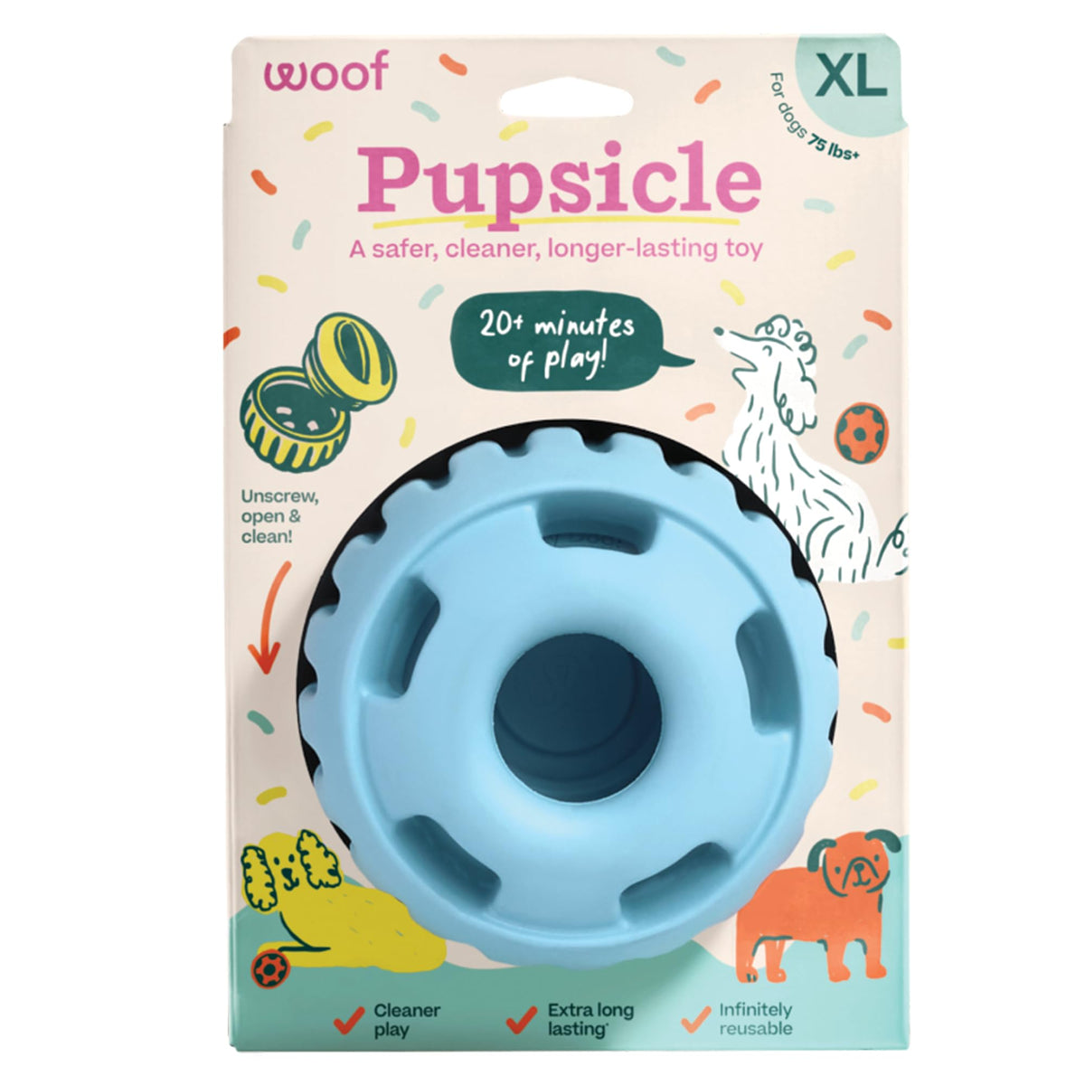 WOOF Party Pupsicle front view in Buddy Blue highlighting durable rubber for long-lasting chewing.