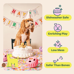 WOOF Party Pupsicle low-mess design features drool slots for cleaner celebrations.