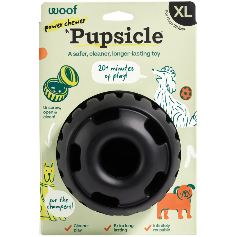 WOOF Power Chewer Pupsicle close-up shows a durable toy built for aggressive chewers.