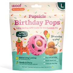 WOOF Pupsicle Birthday Pops packaging signals wholesome ingredients for dog birthdays.
