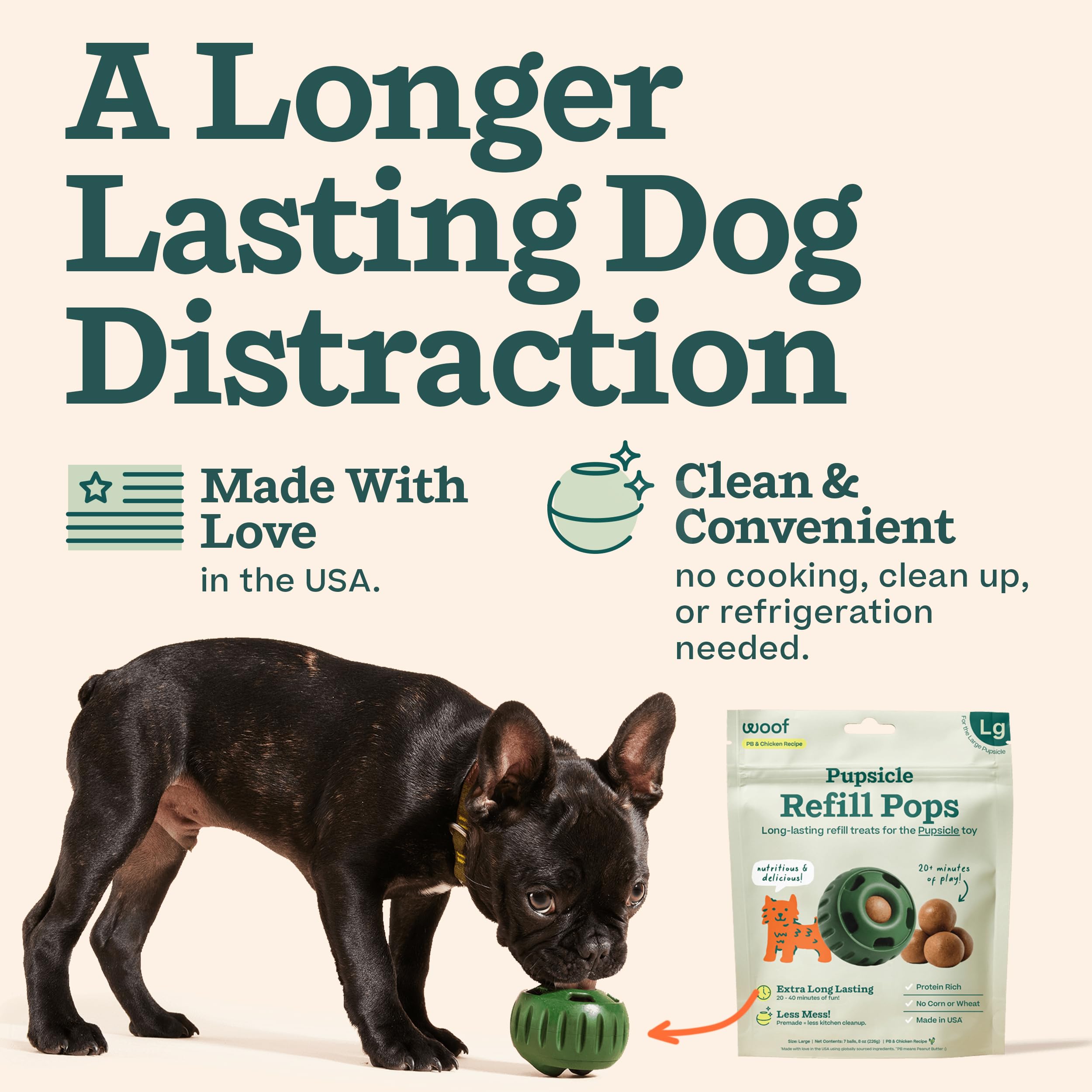 WOOF Pupsicle Chicken Refill Pops dog enjoying long-lasting chew during playtime or calm-down moments.