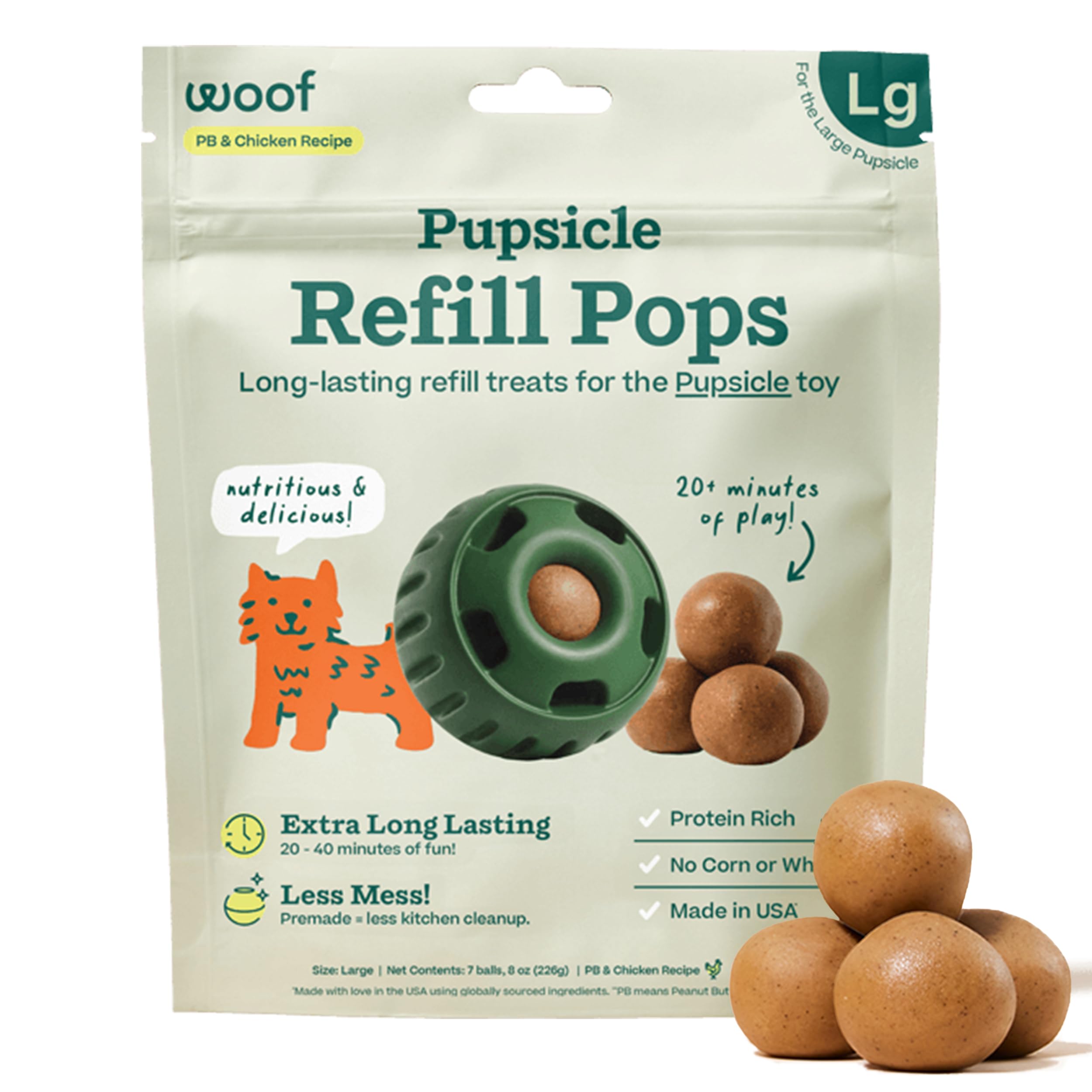 WOOF Pupsicle Chicken Refill Pops packaging highlights shelf-stable, mess-free treat solution for busy dog owners.