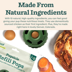 WOOF Pupsicle Chicken Refill Pops on a shelf-stable label suggests ready-to-use treats for adventures.