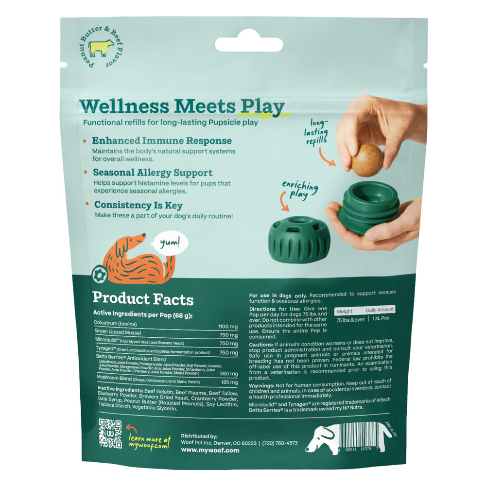 Woof Pupsicle dog enjoys treat during playtime, a potential comfort during adventures.