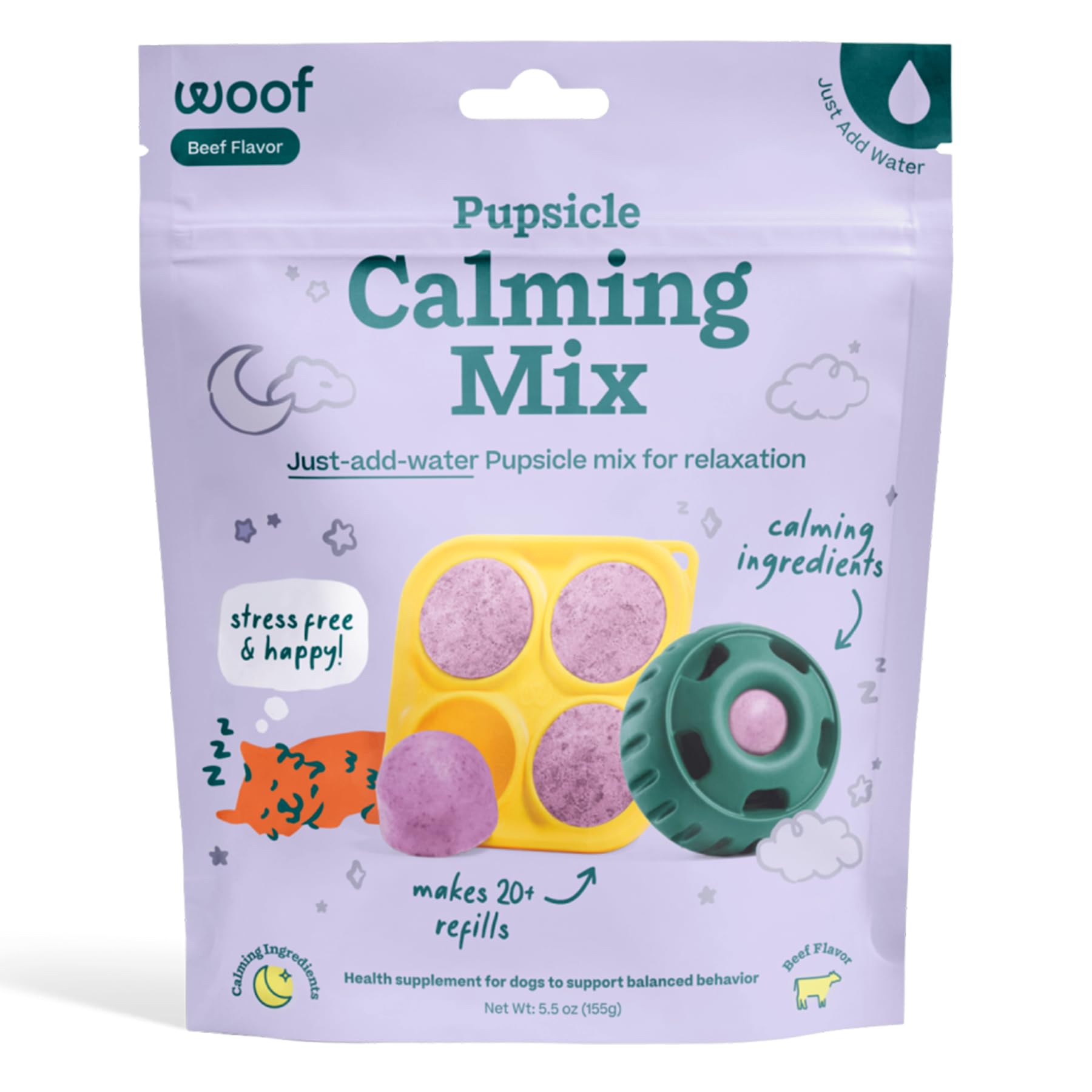 WOOF Pupsicle Mix packaging closeup highlights wholesome ingredients for safe, tasty prep.