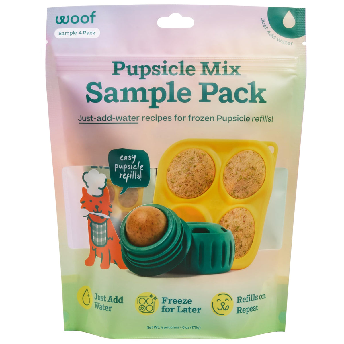 WOOF Pupsicle Mix Bacon and Cheese refill pack for four pops, tasty enrichment.