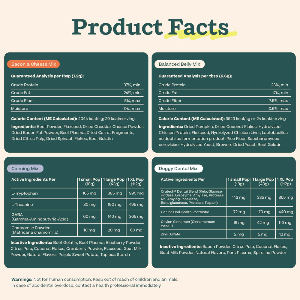 WOOF Pupsicle Mix Calming sachet offers a soothing option during playtime.