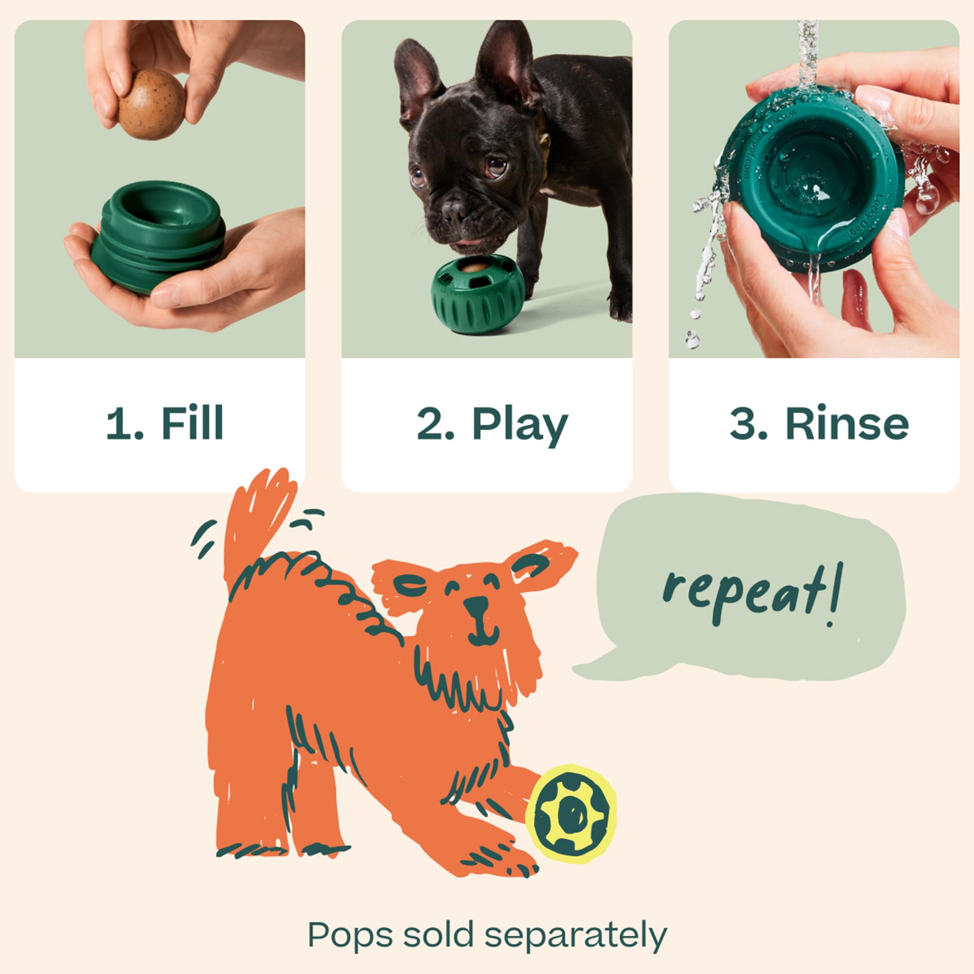 WOOF Pupsicle no-mess design minimizes drool and simplifies cleaning.