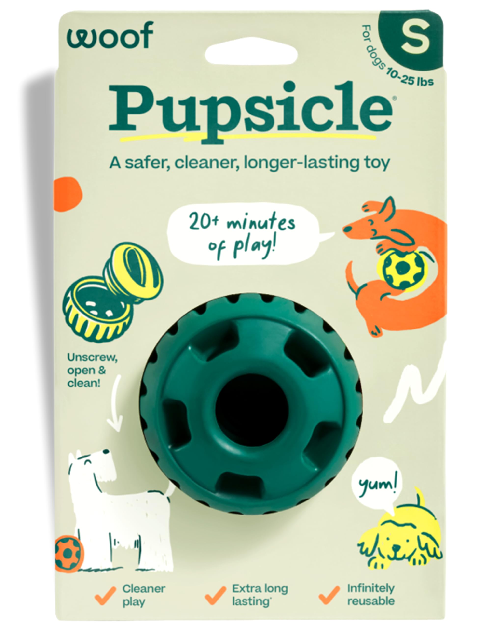 WOOF Pupsicle open-for-filling feature showing easy access for mess-free loading.