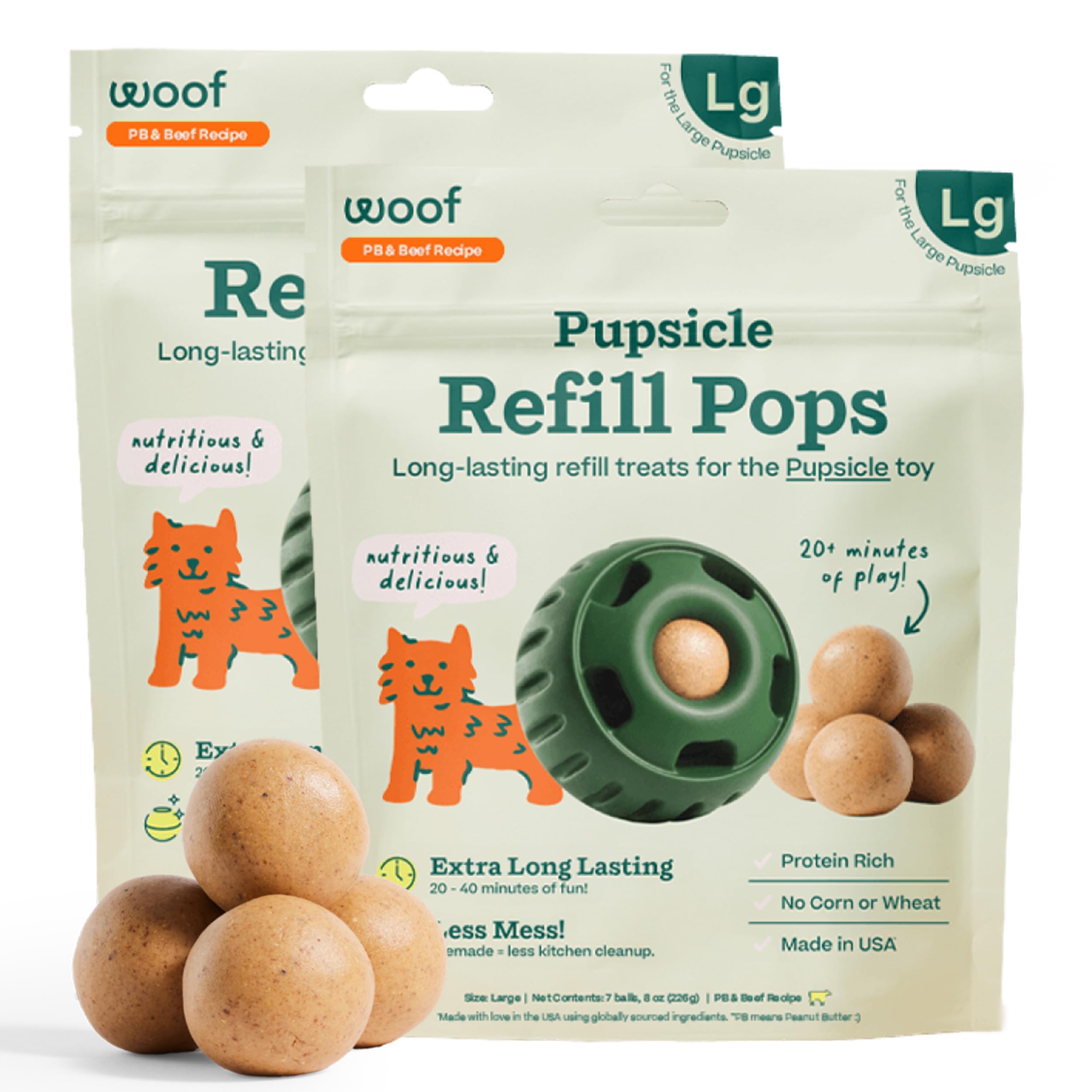 WOOF Pupsicle Refill Pop packaging highlighting shelf-stable dog treats for travel