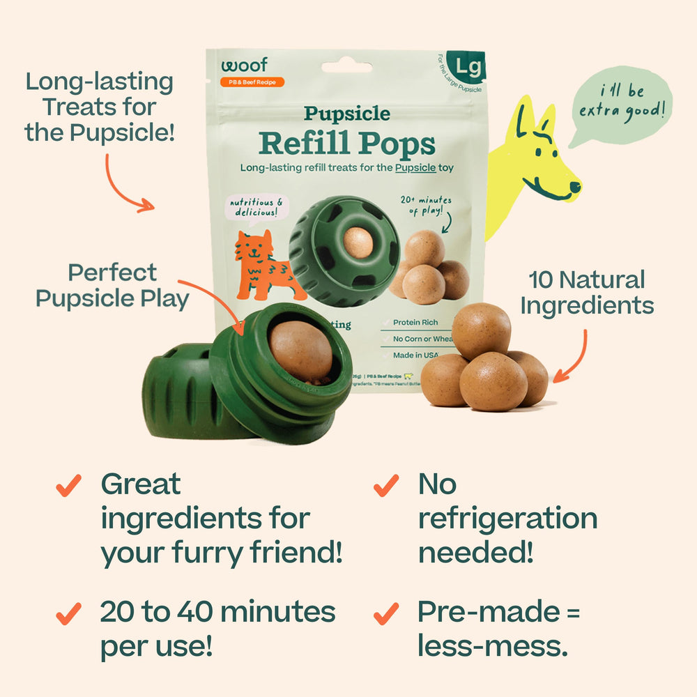 WOOF Pupsicle Refill Pop on a shelf emphasizes no-refrigeration need
