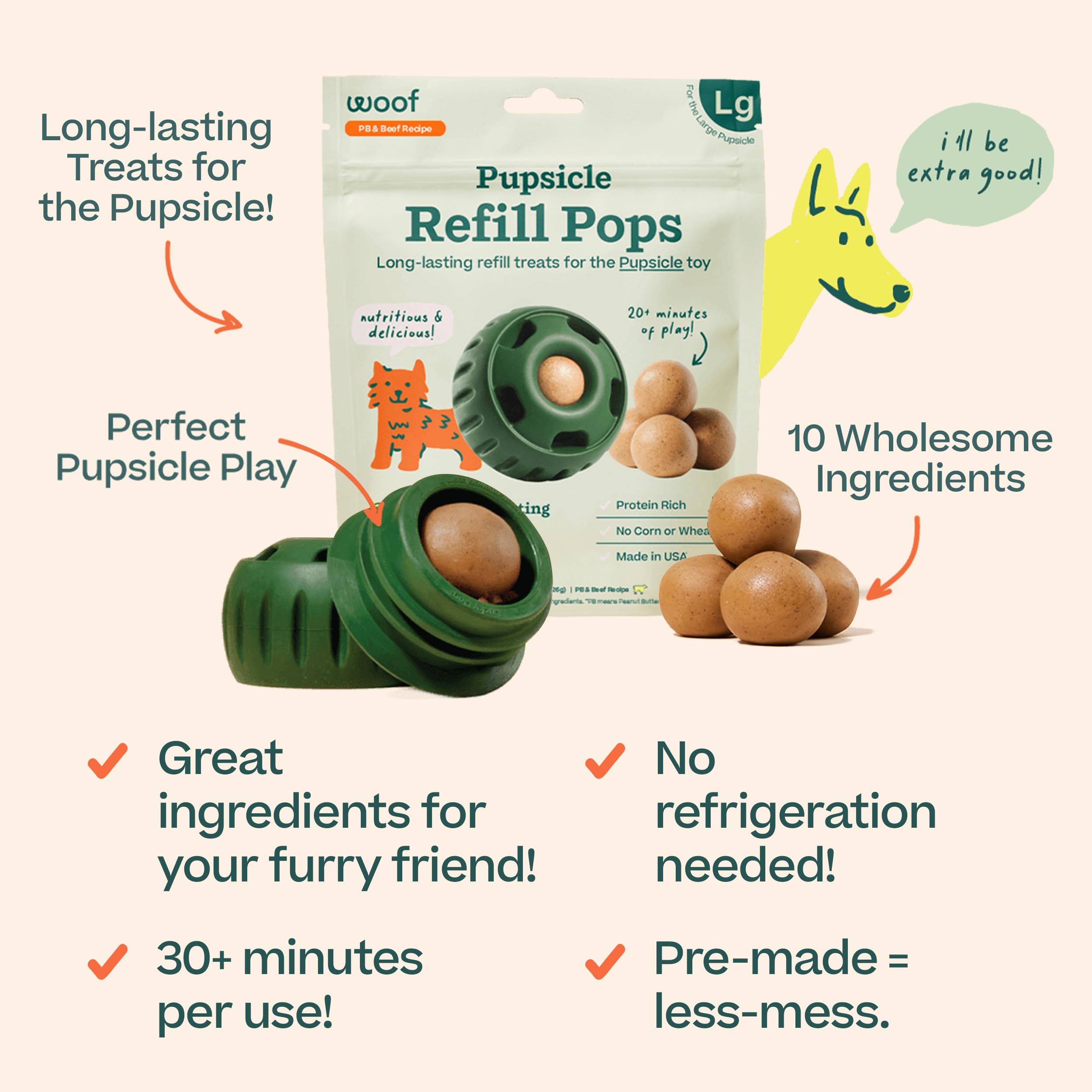 WOOF Pupsicle Refill Pops ingredient close-up shows wholesome chicken plasma and peanut butter for tasty snacking