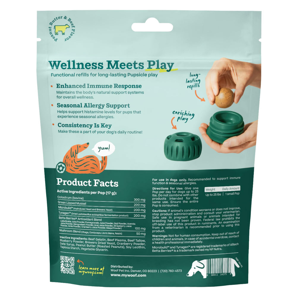 Woof Pupsicle Refill Pops ingredients close-up showing colostrum and mushrooms for wellness.