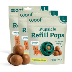 WOOF Pupsicle Refill Pops pack front view, mess-free dog treat option.
