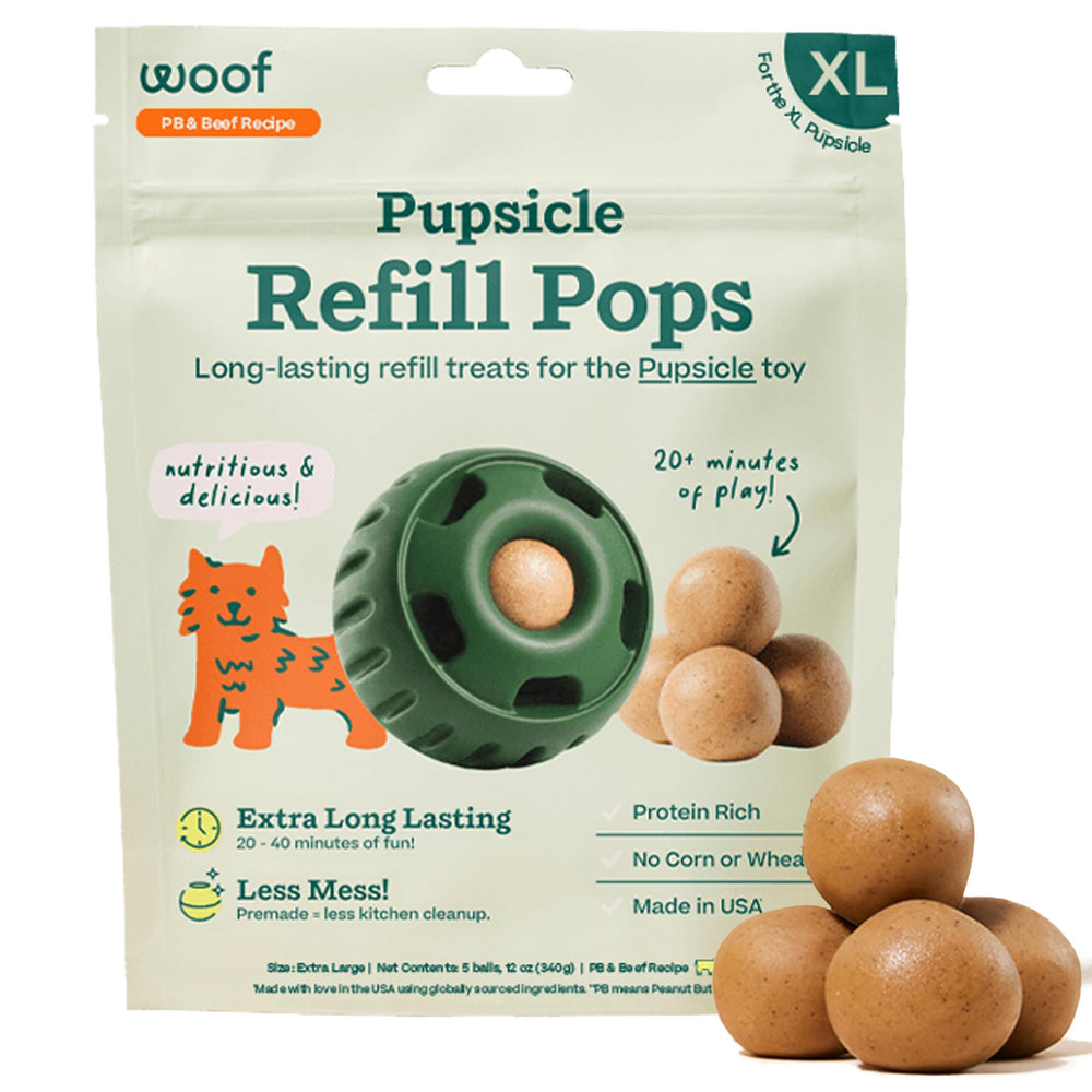 WOOF Pupsicle Refill Pops packaging close-up highlights shelf-stable treats for easy road trips.