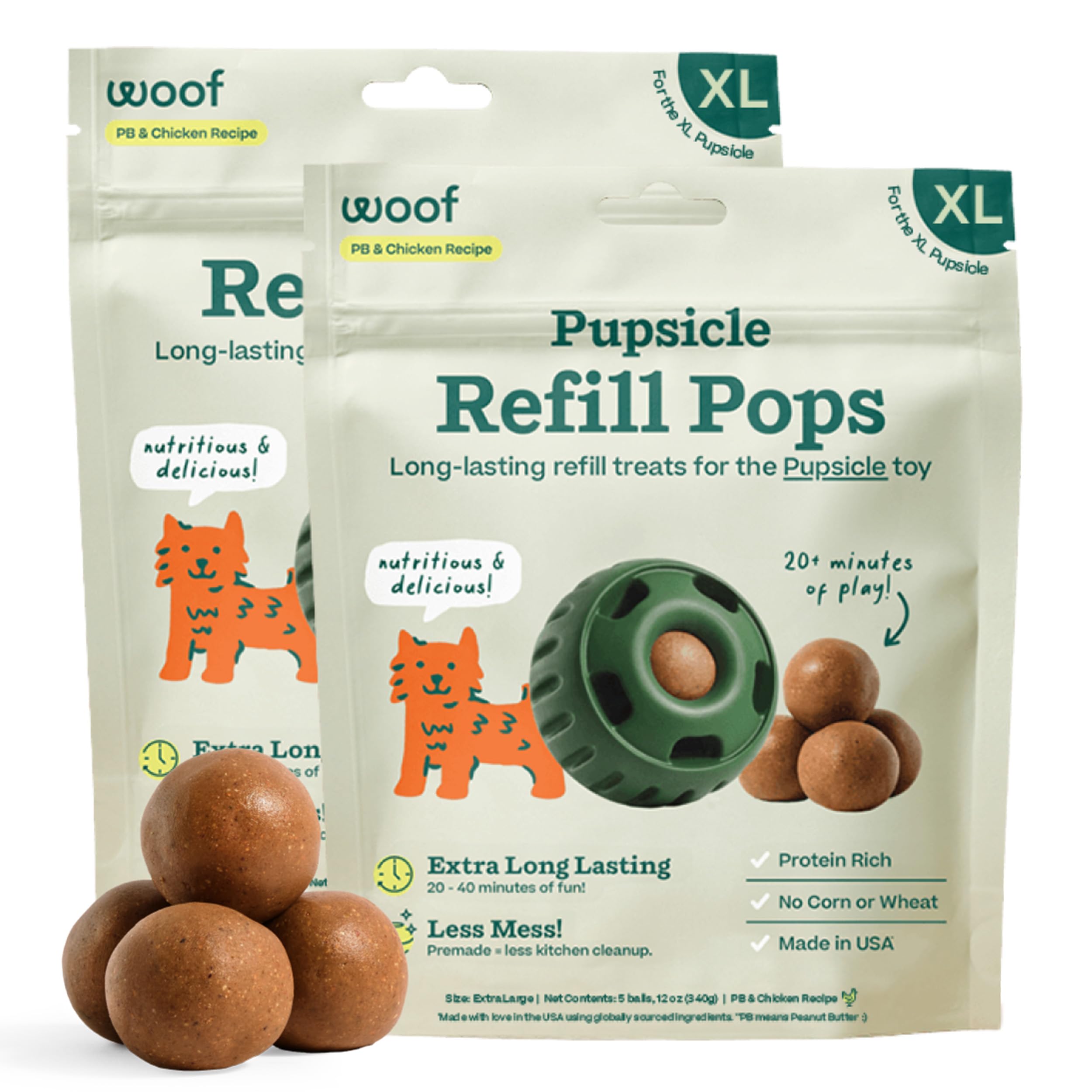 WOOF Pupsicle Refill Pops packaging highlights shelf-stable, ready-to-serve treats for busy owners.