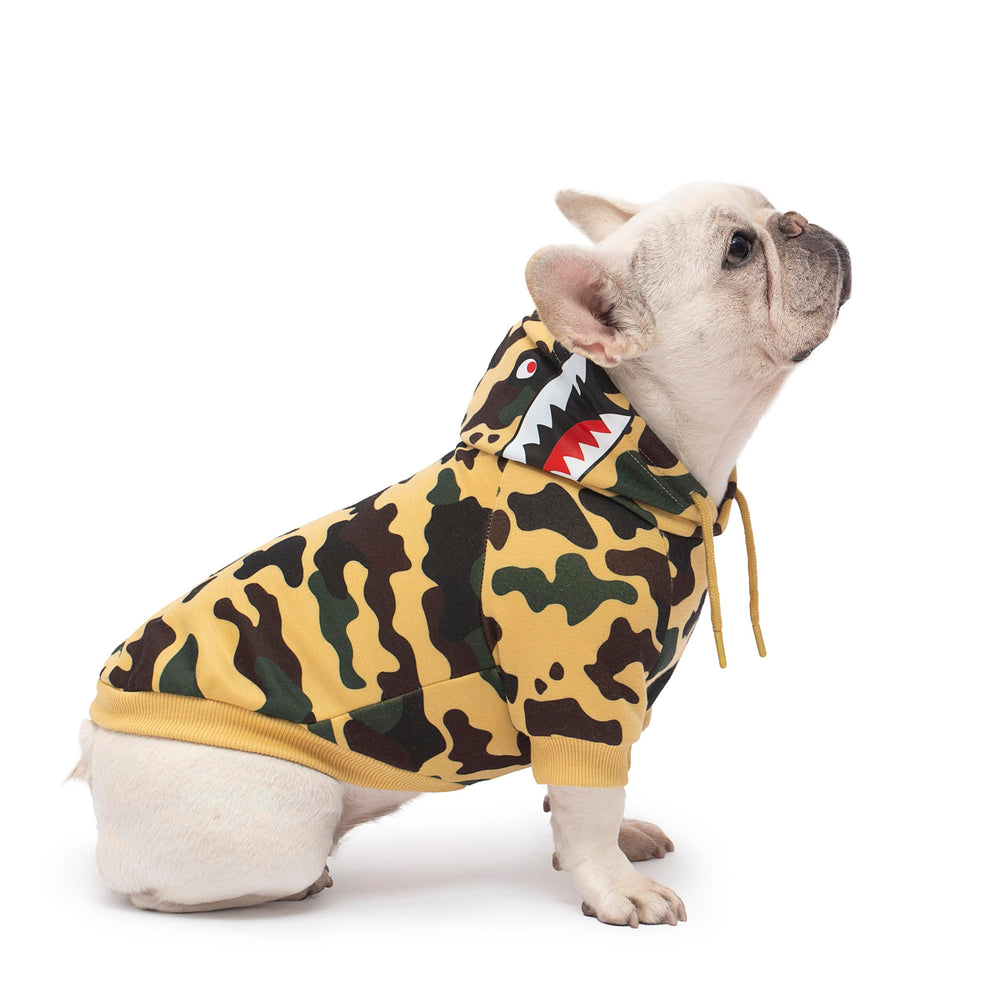 Woof Trails camo dog hoodie yellow XXL back view showing warmth and full coverage