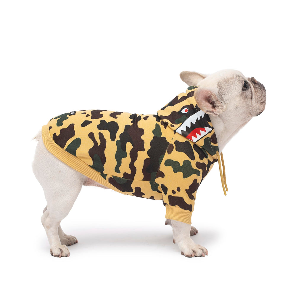 Woof Trails camo dog hoodie yellow XXL chest close-up highlighting secure fit and stretch