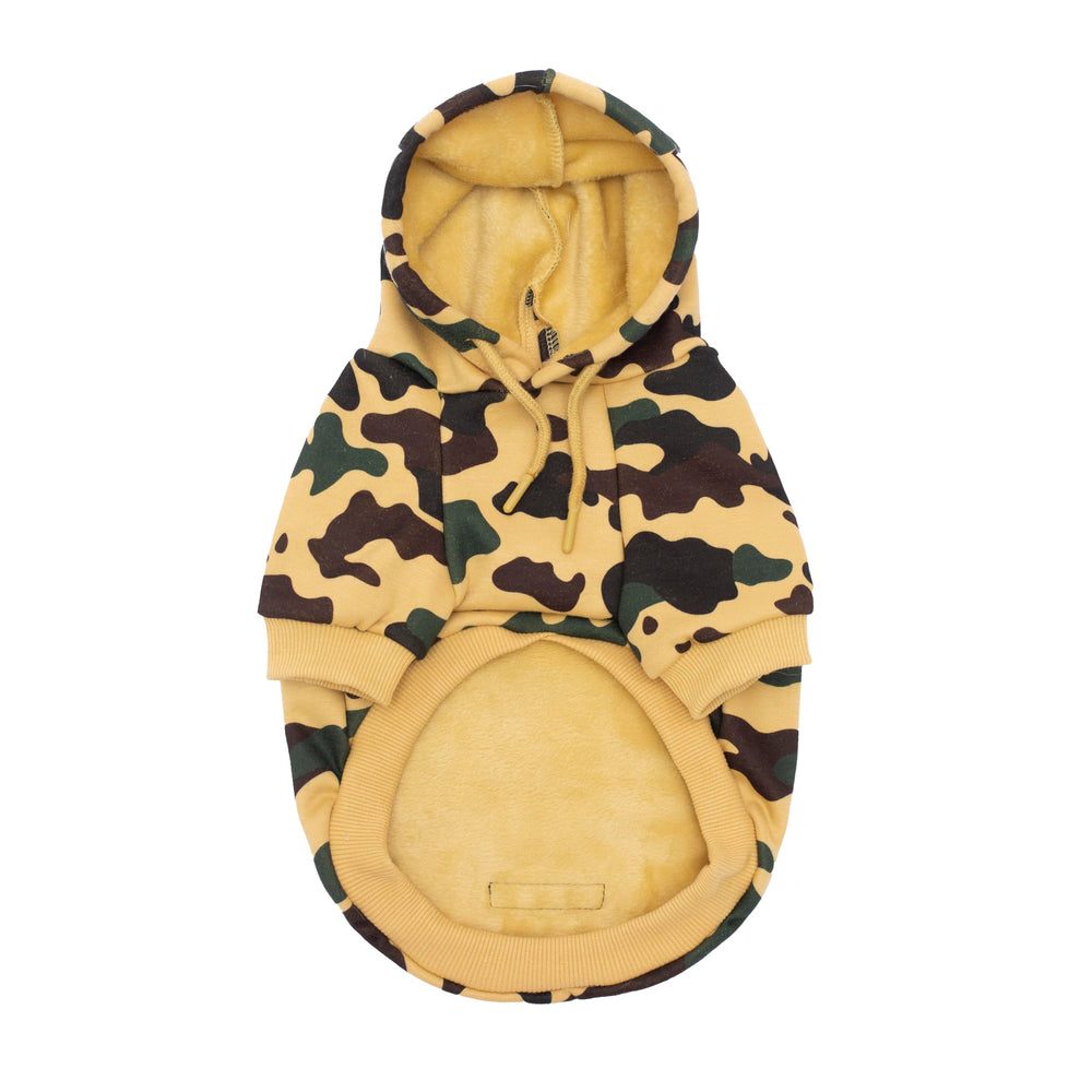 Woof Trails camo dog hoodie yellow XXL playful teddy bear motif with nature-inspired print