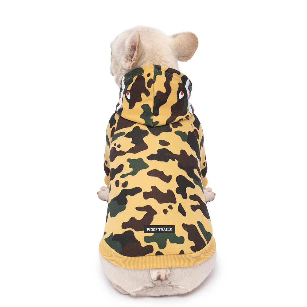 Woof Trails camo dog hoodie yellow XXL hood detail for cozy warmth