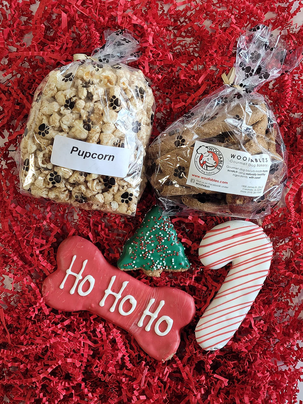 Woofables basket contents display suitable for dog lovers gift idea.