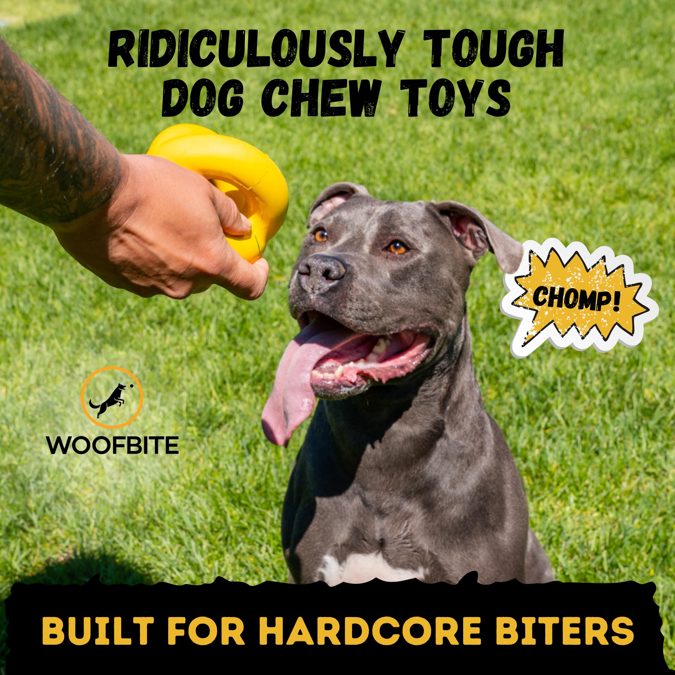 WoofBite Indestructible Dog Ball side chew angle showing rugged surface for durability.